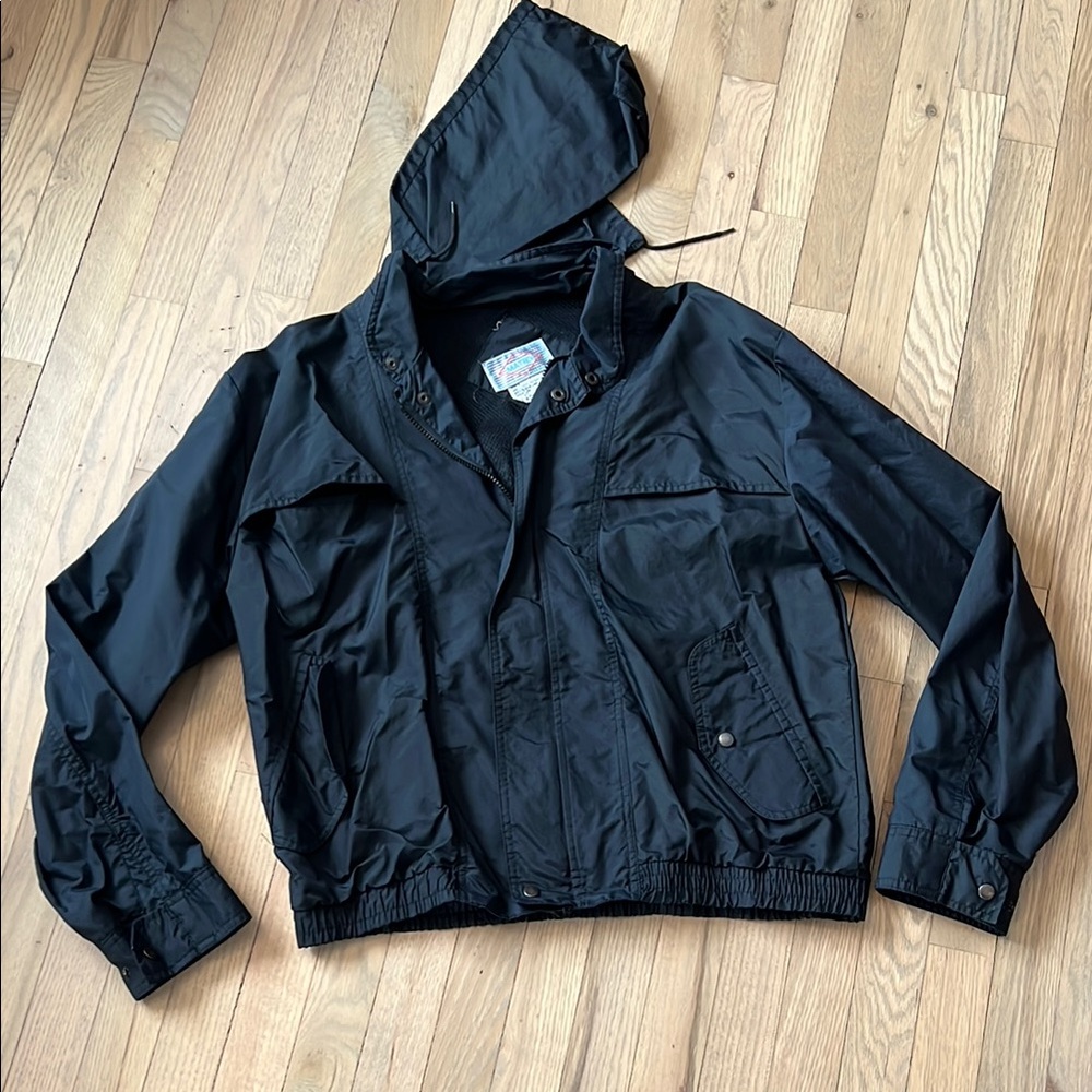 Vintage Black Nylon Hooded Jacket with Pockets